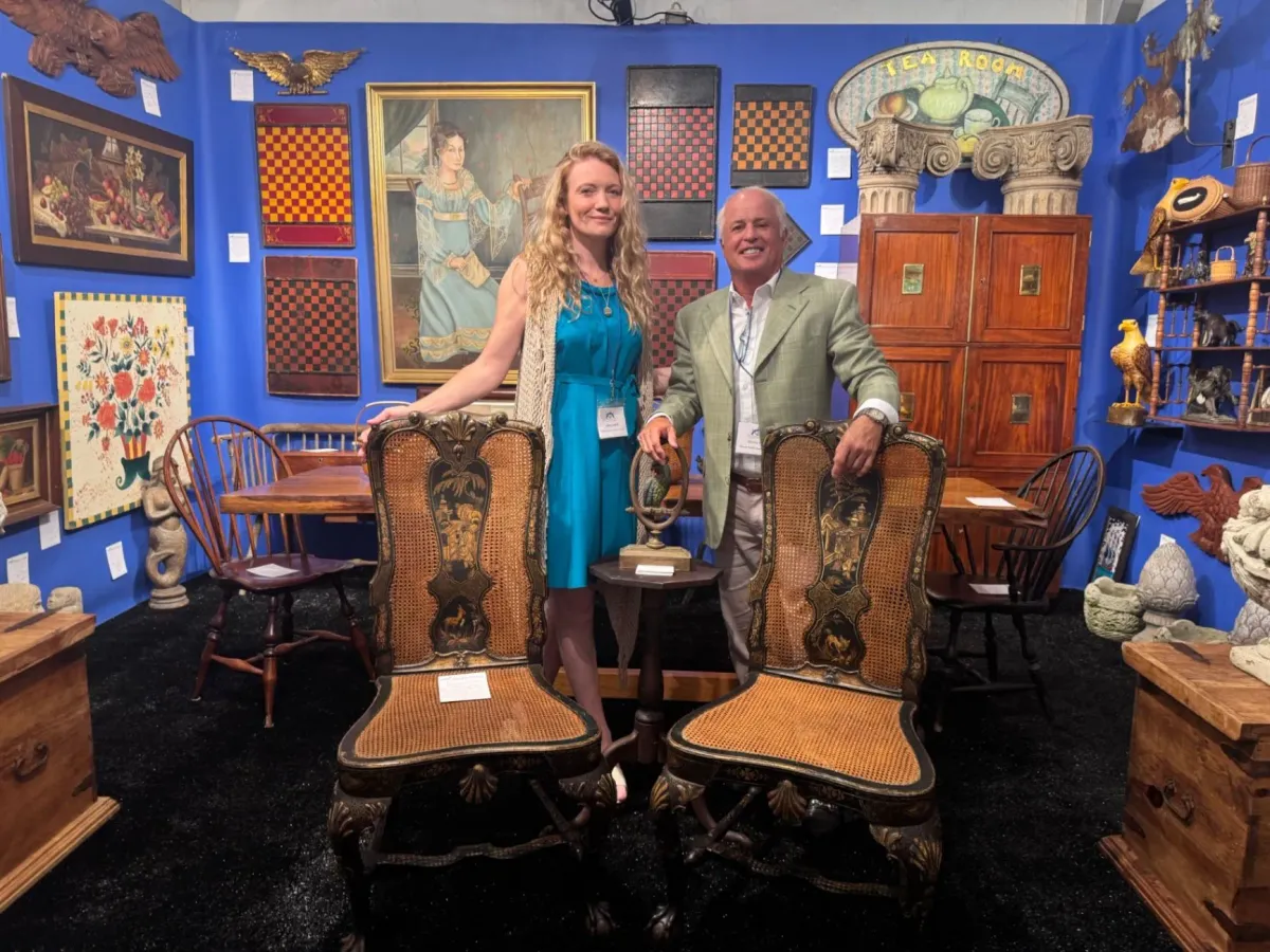 Thurston Nichols and Joanne among the antiques show displays