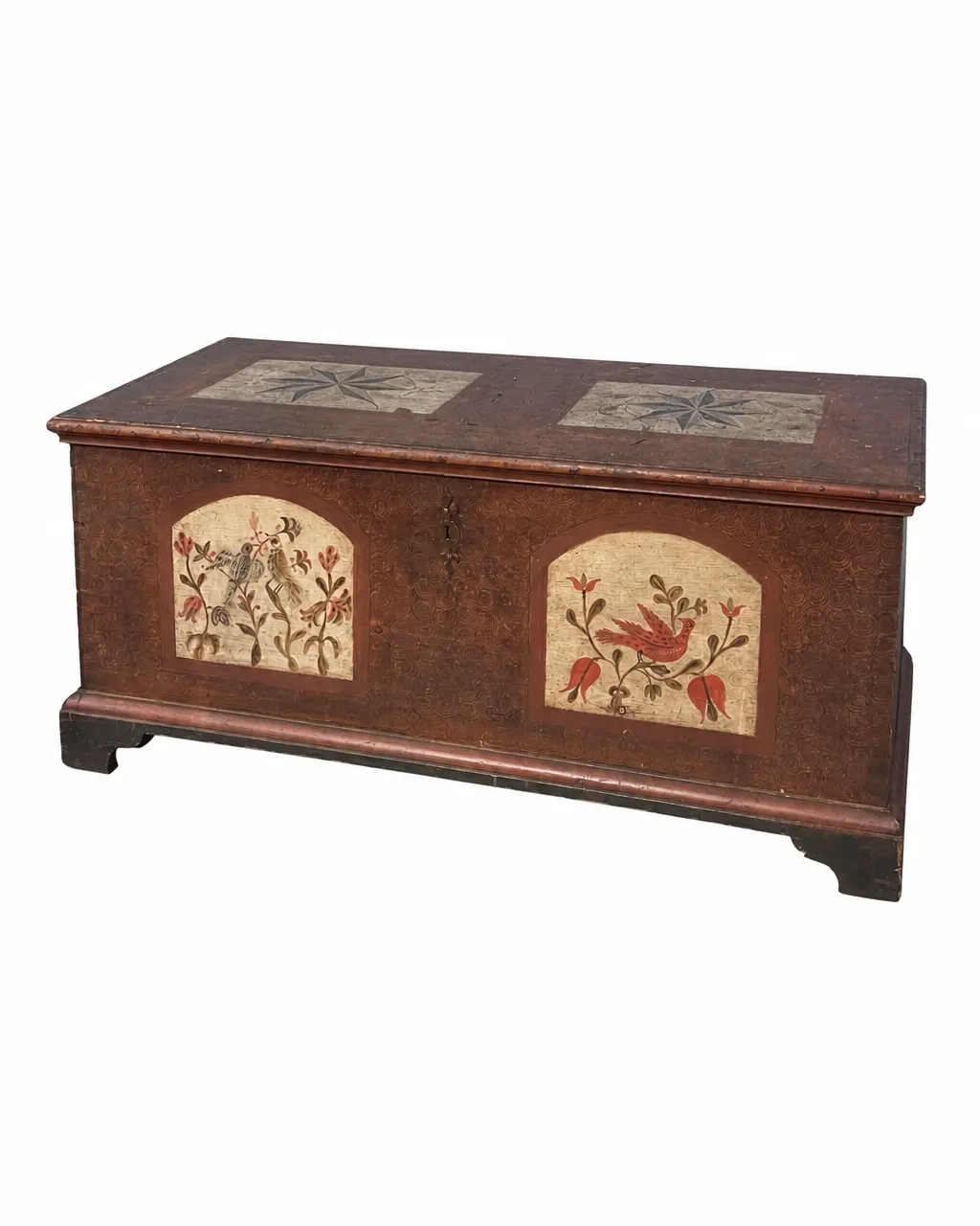 Decorated wooden chest with painted panels featuring rare birds, isolated on a clean white background