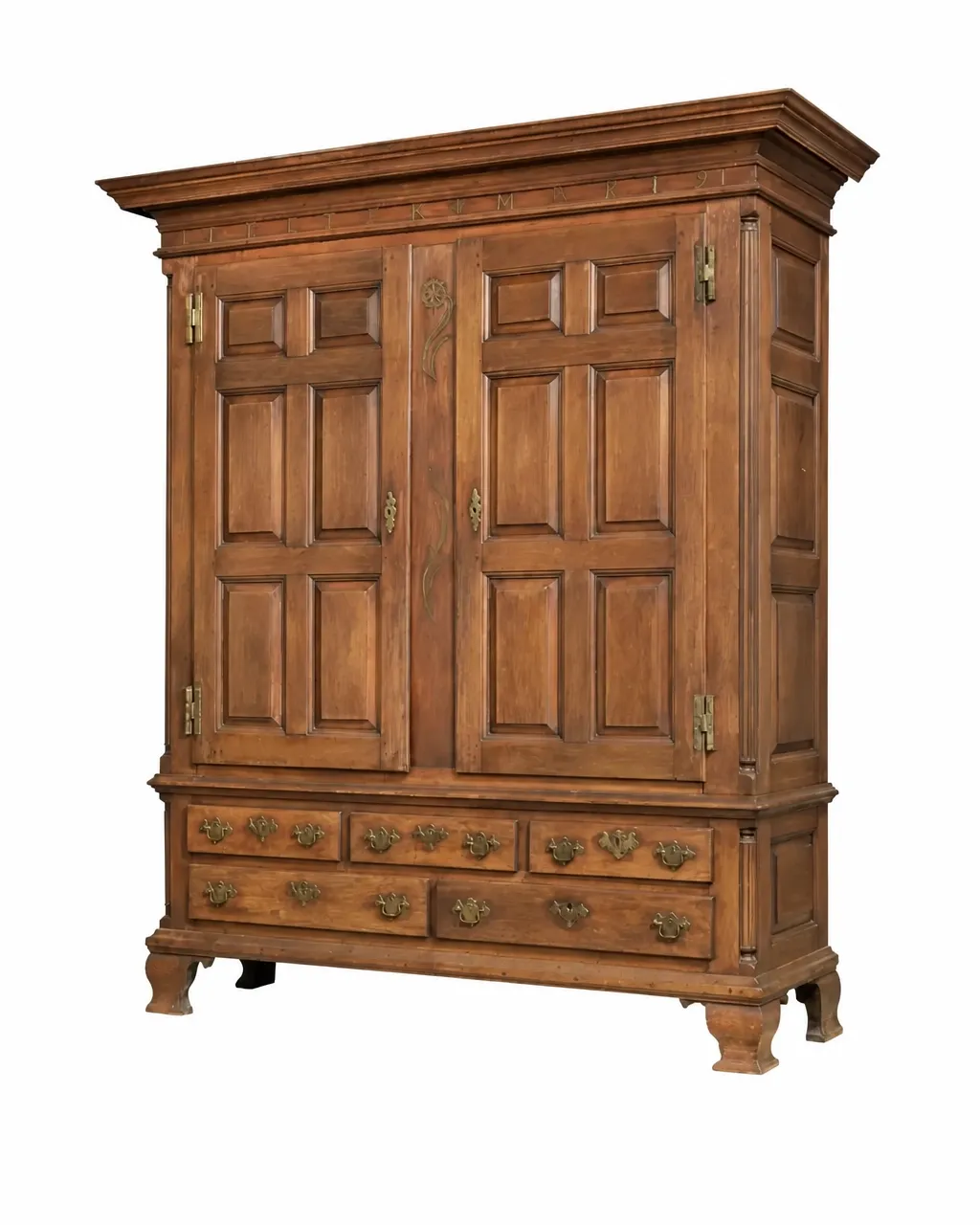 Pennsylvania walnut raised-panel schrank, circa 1760, Chester County, PA., isolated on a clean white background