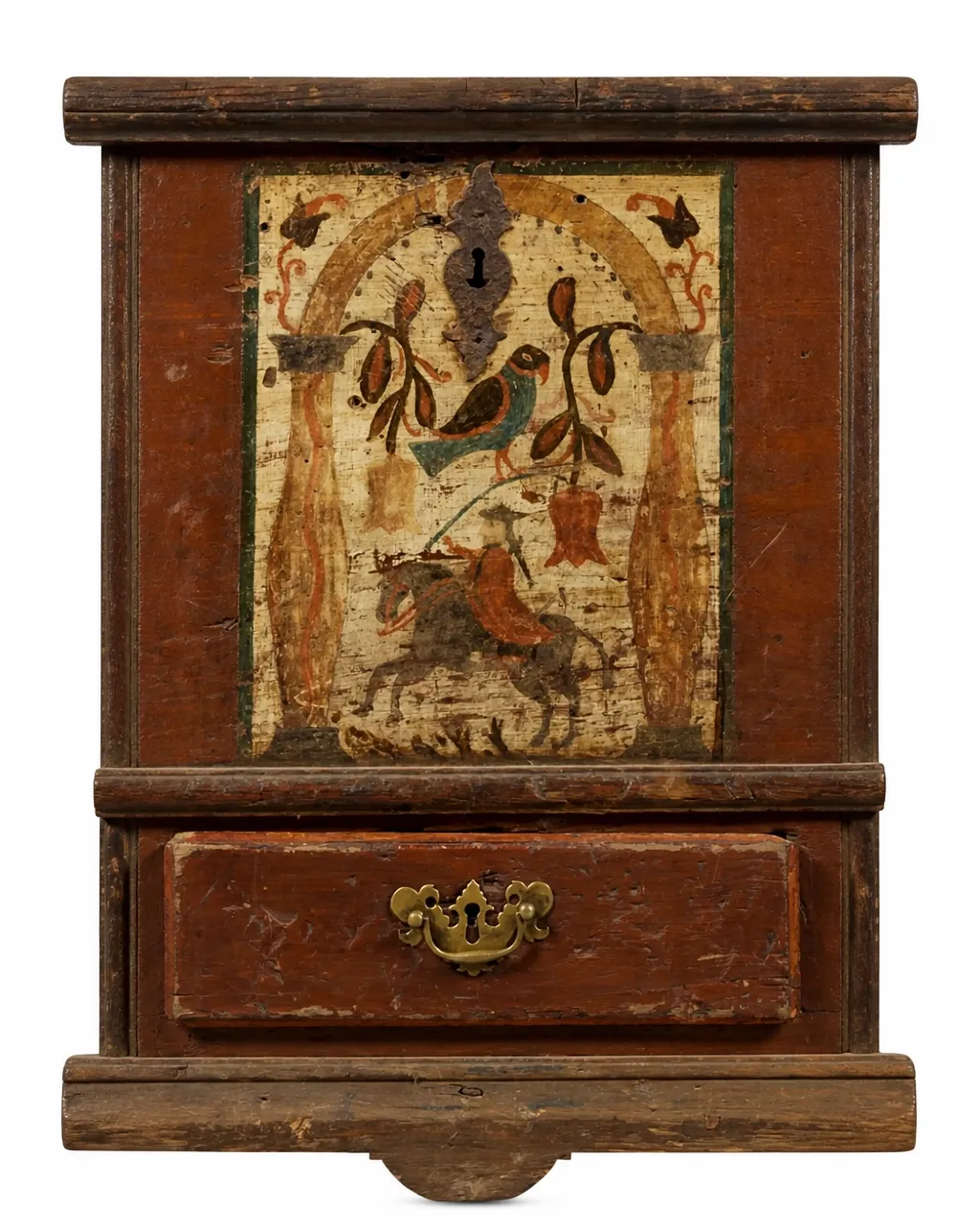 Antique wood chest with hand-painted equestrian folk art, iron hardware, and a brass drawer pull isolated on a clean white background