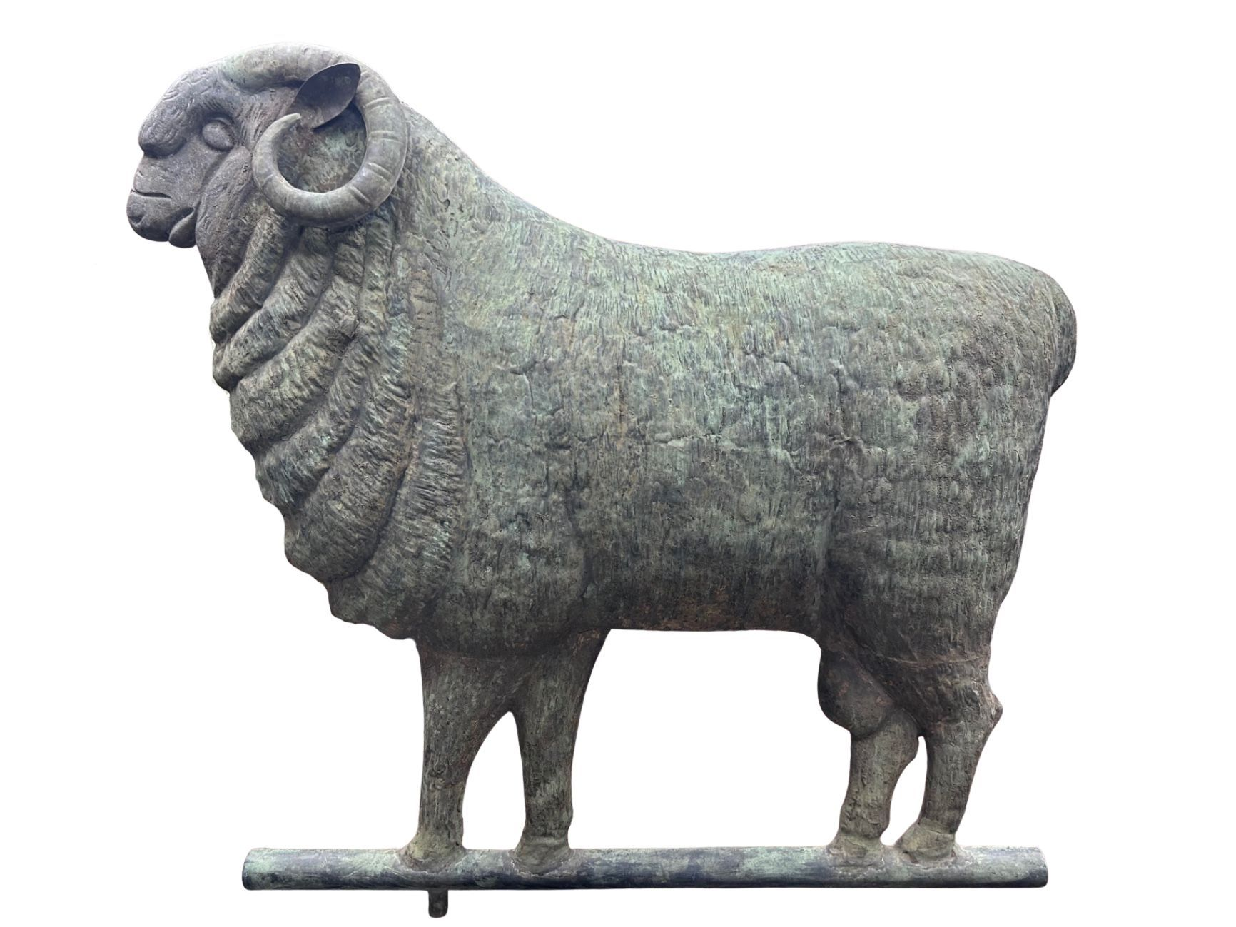 Front three-quarter view of a copper full-bodied sheep weathervane with its support, isolated on a pure white background