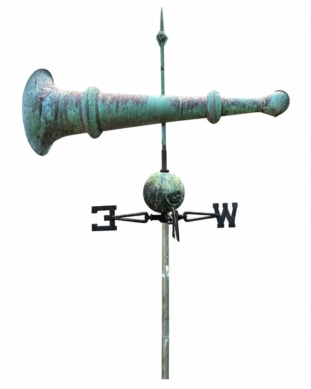 Six-foot copper fire-horn weathervane with green verdigris surface and directional letters on its supplied white background