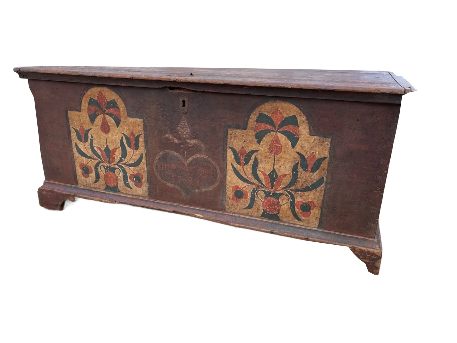Complete yellow-and-blue painted blanket chest isolated on a white background