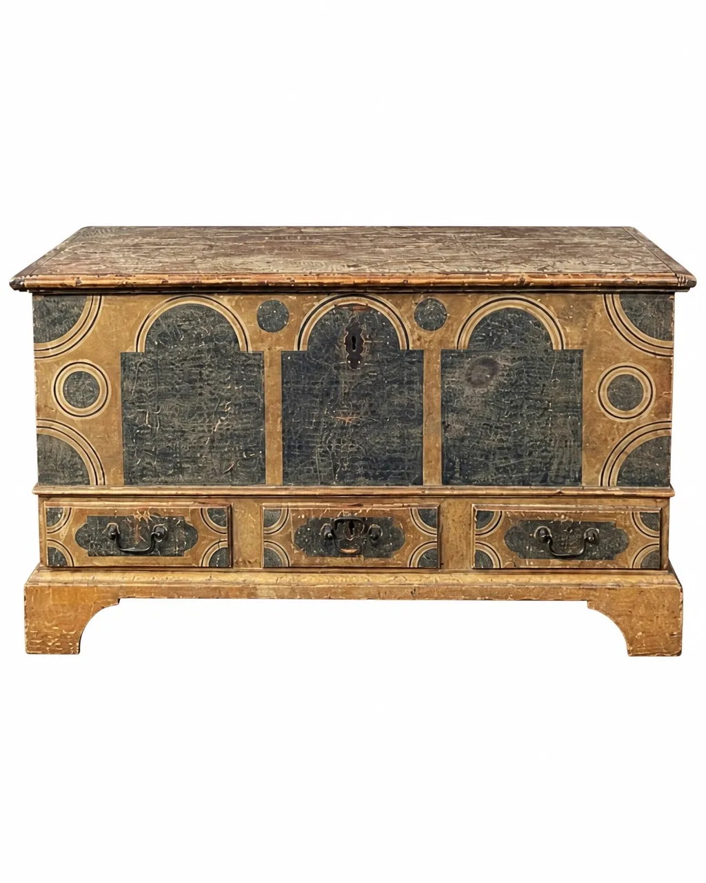 Yellow-and-blue-panel chest with blue stippled tombstone panels on a yellow stippled ground, isolated on a clean white background
